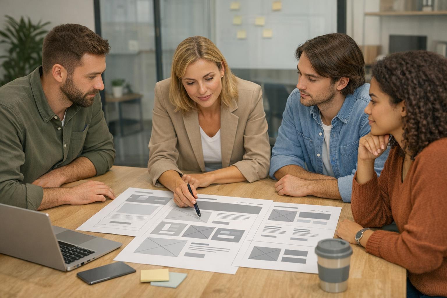 Zdjęcie: zespół projektowy omawiający makietę strony na spotkaniu w biurze