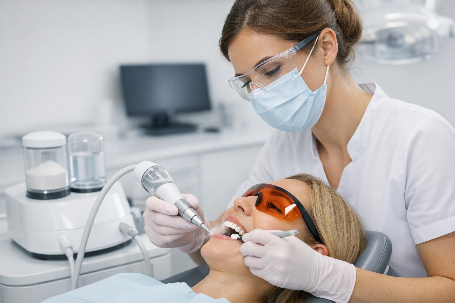 Piaskowanie zębów przy użyciu urządzenia air-polishing w nowoczesnej klinice