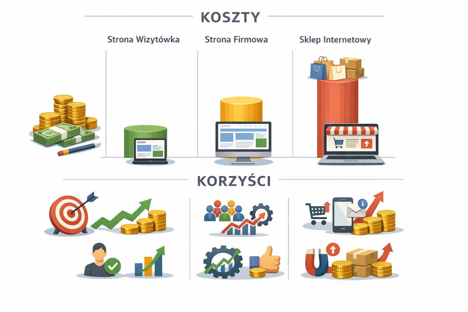 Schemat budżetowy: porównanie kosztów i korzyści różnych typów stron